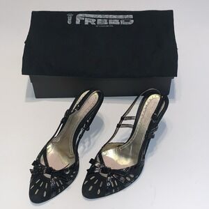 Antonio Eboli Vero Cucio Black Heels Sz 36.5 Suede Croc Embossed Slingback Italy